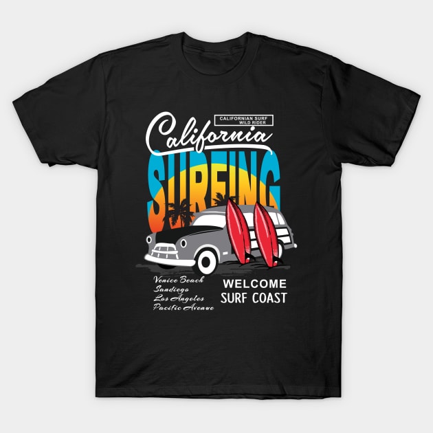 California Surfing Design T-Shirt by Ken Asahvey